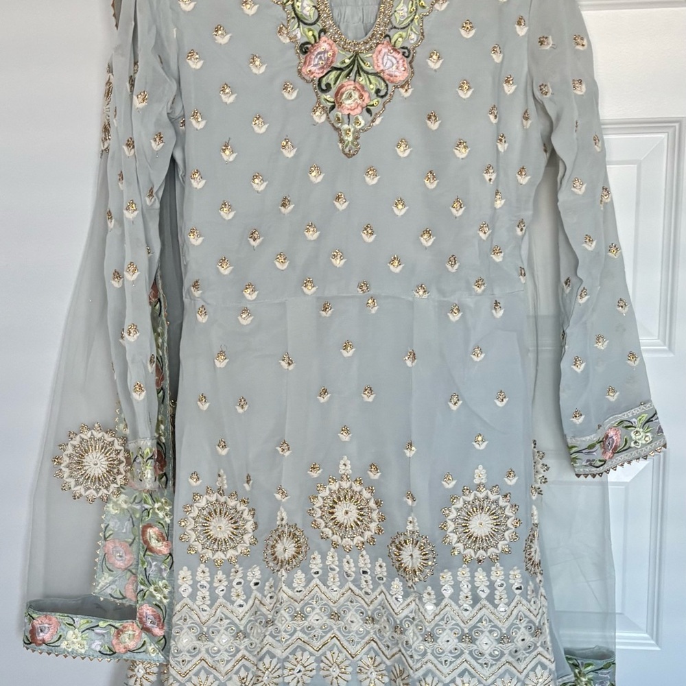 Embroidered Light Blue and Gold Dress